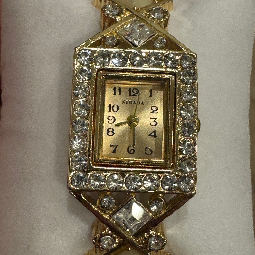 Strada Gold Tone Crystal Bezel Rectangle Face‎ Women's Fashion Watch Cuff Styloe